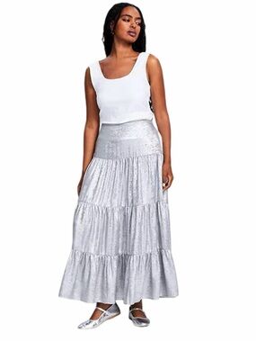 Women's Silver Tiered Midi Skirt